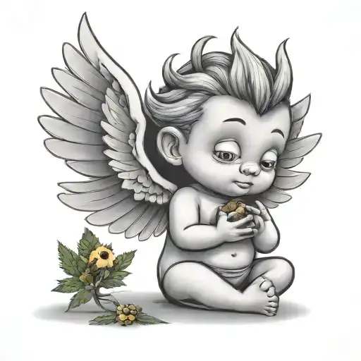 Create an innocent-looking little angel with not-so-big wings in the shape of a cartoon and carry marijuana in his hands tattoo design idea