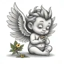 Create an innocent-looking little angel with not-so-big wings in the shape of a cartoon and carry marijuana in his hands tattoo design idea