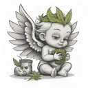 Create an innocent-looking little angel with not-so-big wings in the shape of a cartoon and carry marijuana in his hands tattoo design idea