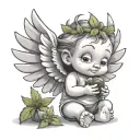 Create an innocent-looking little angel with not-so-big wings in the shape of a cartoon and carry marijuana in his hands tattoo design idea