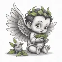 Create an innocent-looking little angel with not-so-big wings in the shape of a cartoon and carry marijuana in his hands tattoo design idea
