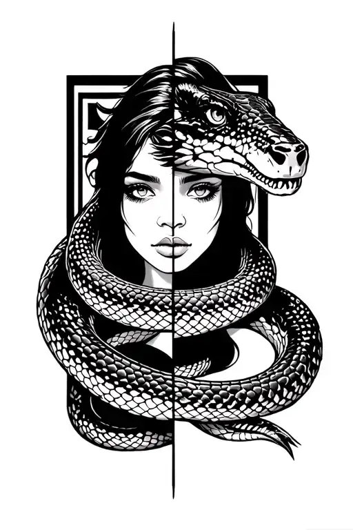 the cobra snake of a mustang that surrounds half a female face that is located in a rectangle tattoo design idea
