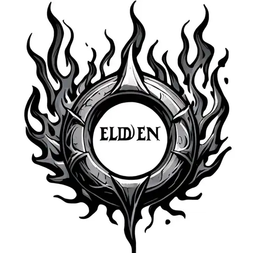 elden ring logo surrounded by flames tattoo design idea