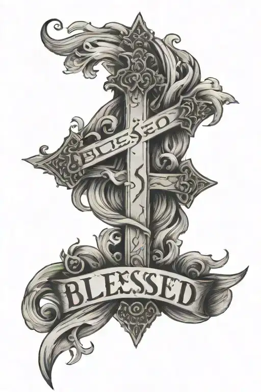 a cross and the word blessed written tattoo design idea