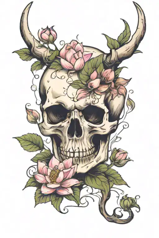 old aged dear skull with lotus mossying outside it tattoo design idea