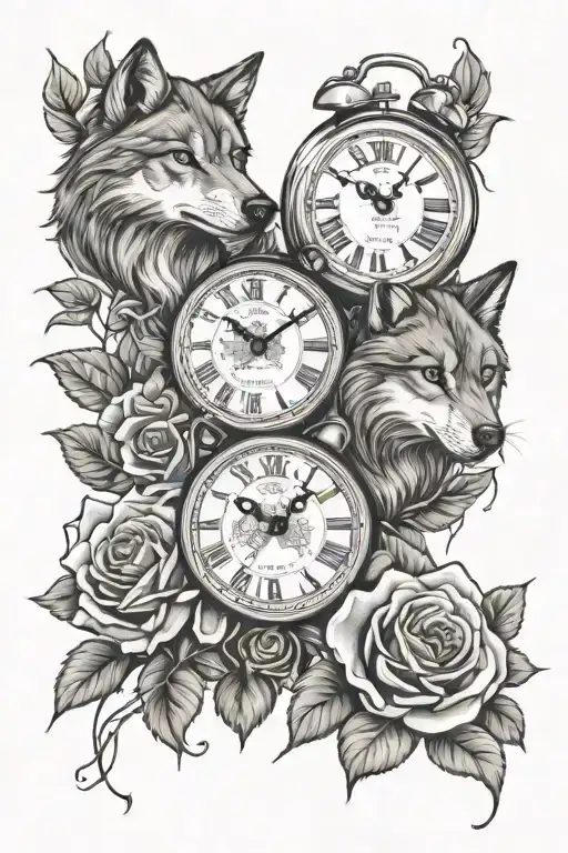 wolf, rose, clock, boxing gloves family tattoo design idea