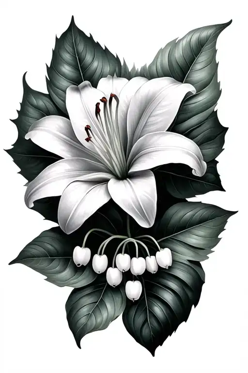 Lily flower , monstera leaf intertwined , lily of the valley without a stem, hydrangea  tattoo design idea