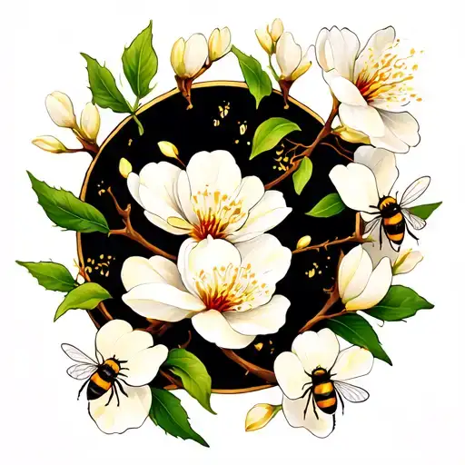 almond branch in bloom, bees flying around, fit for upper arm tattoo design idea