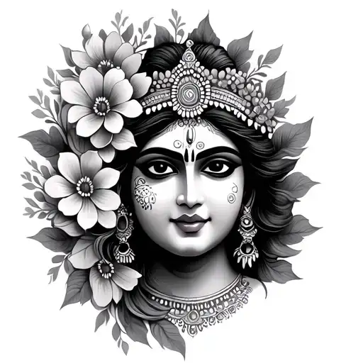 small Mendhi flowers with half face of kali goddess tattoo design idea