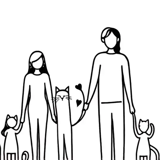 a family with the dad, the mom, one girl and one baby girl and one cat, all holding hands tattoo design idea