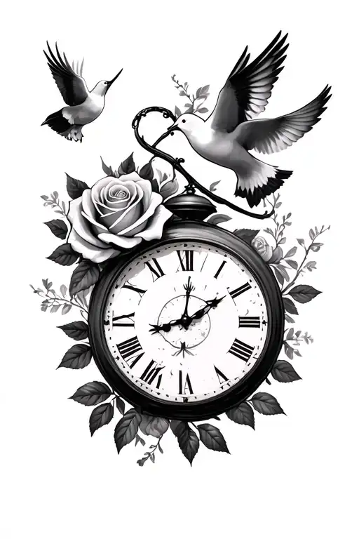 roses and clocks and doves flying tattoo design idea