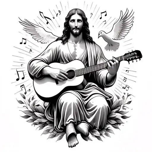 A tattoo of Jesus playing a guitar surrounded by musical notes and a dove representing the Holy Spirit tattoo design idea