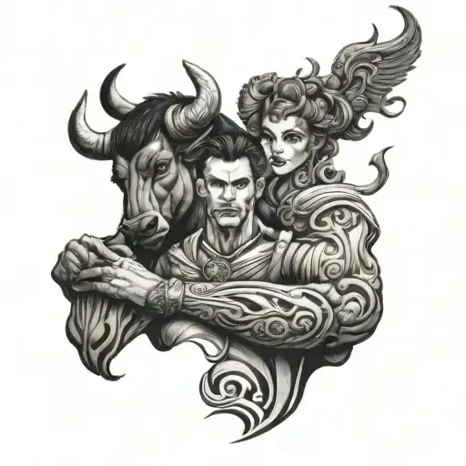 Taurus, Lawyer and warrior holding female tattoo design idea