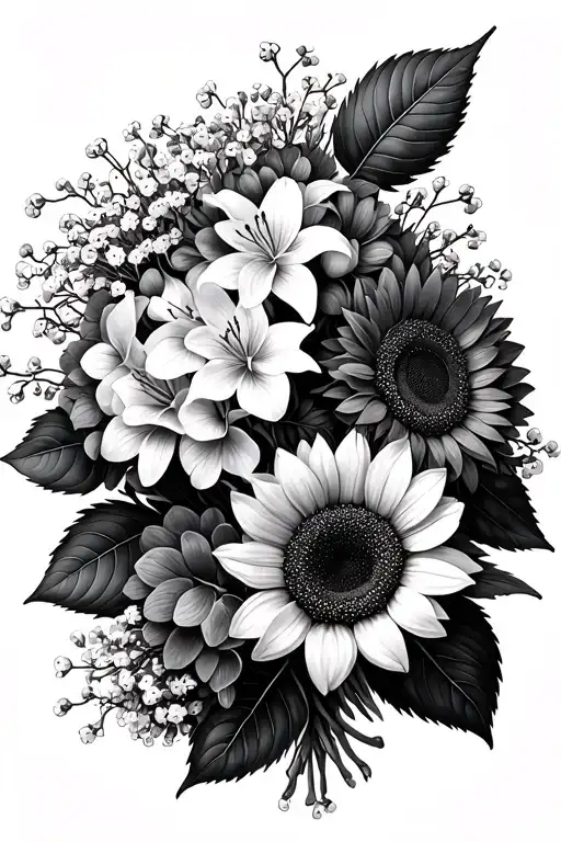 bouquet of hydrangeas, sunflowers, Easter lilies, and baby's breath tattoo design idea