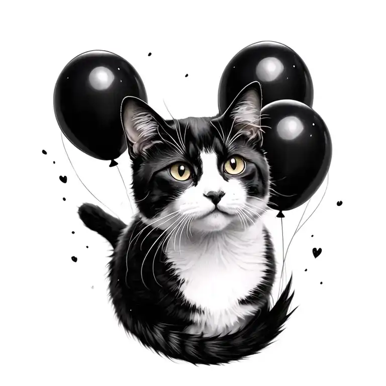 black and white cat floating with black balloons floating tattoo design idea