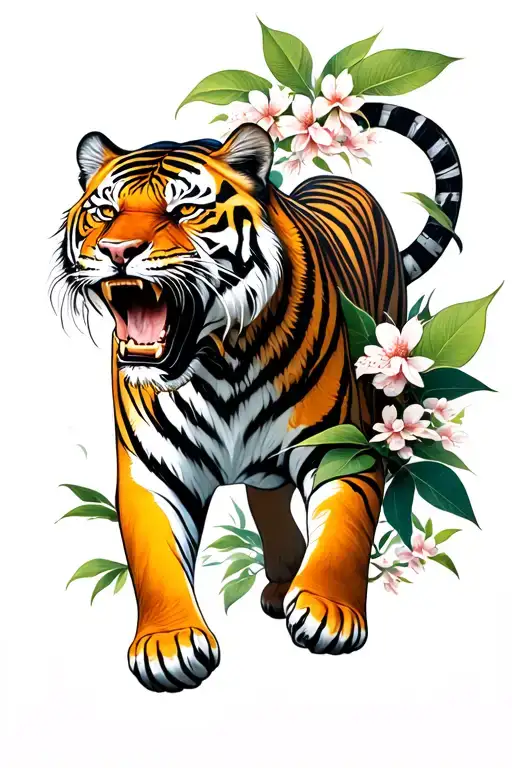 Make a forearm tattoo with a Japanese art style tiger walking and showing teeth surrounded by jungle leaves and blossom  tattoo design idea