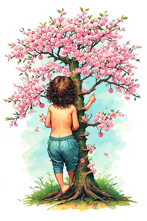 A cherry tree with a little toddler-girl climbing it, she's barefoot and has curly hair. we see her from the back. tattoo design idea