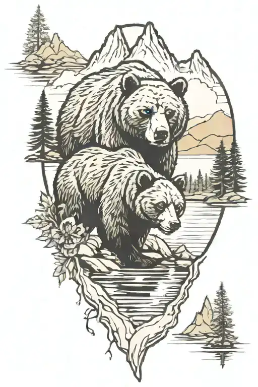 mama bear and cub with lake and mountains in the background tattoo design idea