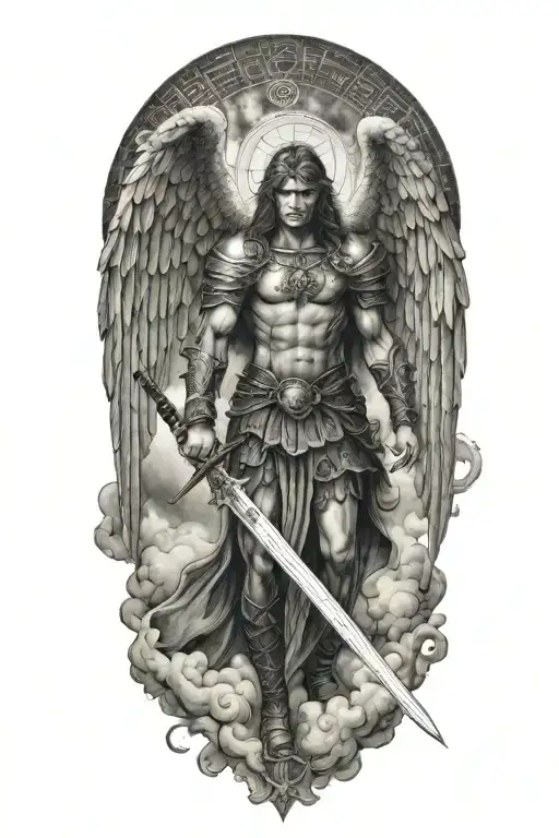 Archangel Michael wielding a sword in Enochian language script, surrounded by clouds in a blackwork style tattoo design idea