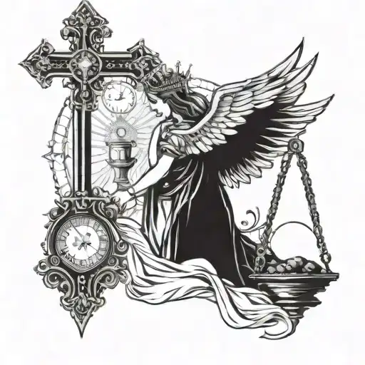 I want an angel fallen from heaven to appear, a cross with a crown and an hourglass tattoo design idea