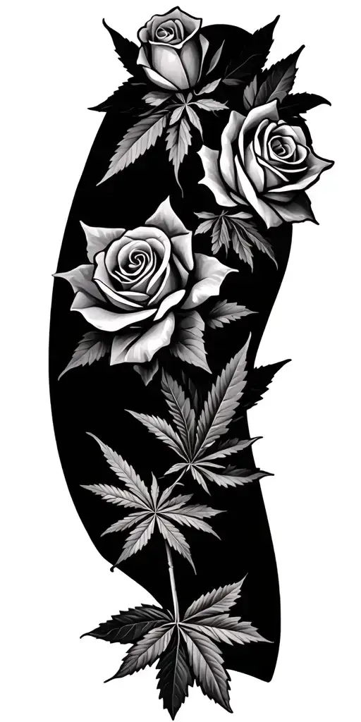 roses and marijuana leafs ona vine wrapping tattoo design idea