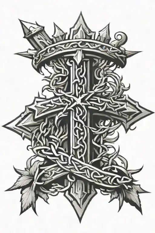 Cross with a crown of thorns tilted on top  tattoo design idea
