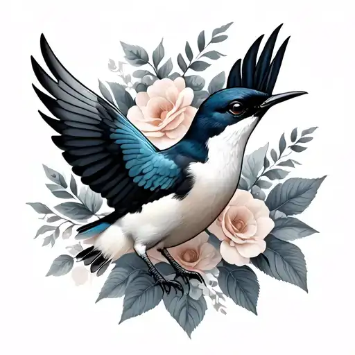 realistic swallow with open wings with flowers and leaves in the background tattoo design idea