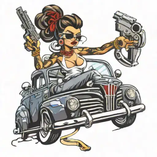 gangster chick in lowrider vehicle pointing gun intertwined tattoo design idea