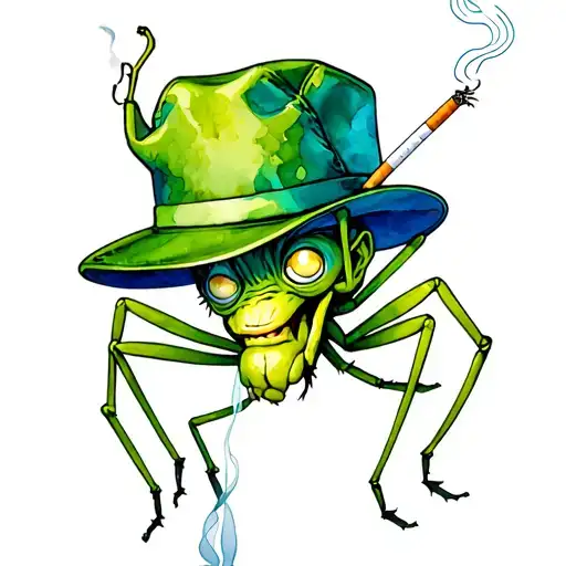 ant green monster hat while smoking a cigarette tattoo design idea
