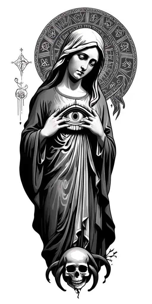 wheeping virgin mary, all seeing eye symbol integrated, skulls, michaelangelo hands, aries tattoo design idea