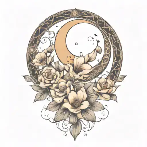 crescent moon, floral, symmetrical, art nouveau  tattoo design idea