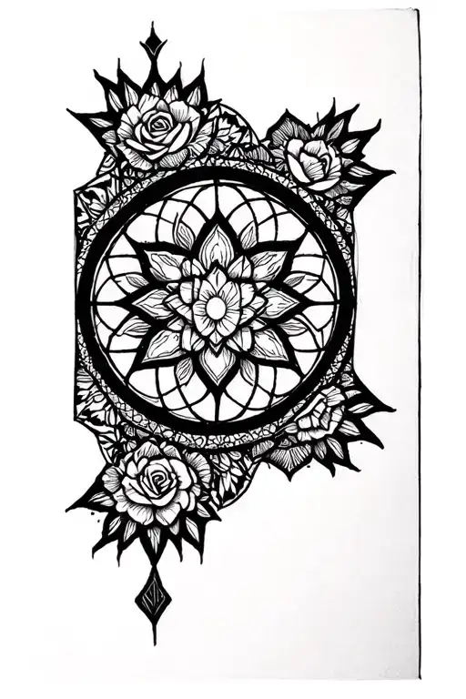 geometric mandala with lotus and rose window tattoo design idea