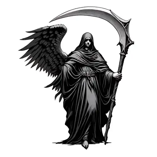Blackwork tattoo design for the right calf: A black-robed angel holding a scythe (Azrael, the Angel of Death tattoo design idea
