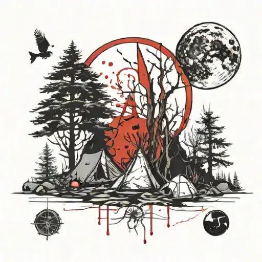 Moon shining on a campsite surrounded by ghoulish trees with a flying bird struck by an arrow tattoo design idea
