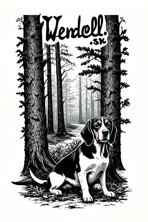 Wendell.sr in script italic surrounded by woods with a beagle dog sitting tattoo design idea