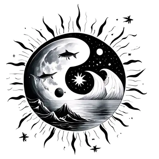 sun and moon create a yin yang scene, water with fish and mountains in day, Pleiades and flying fish in night,  tattoo design idea