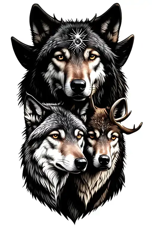 2 wolves with an elk and North Star tattoo design idea