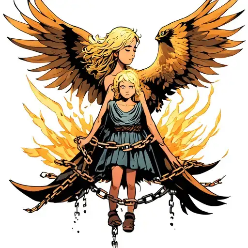 a small child with blond hair his mother just small at the bottom in chains sad and happy then phoenix rising transition tattoo design idea