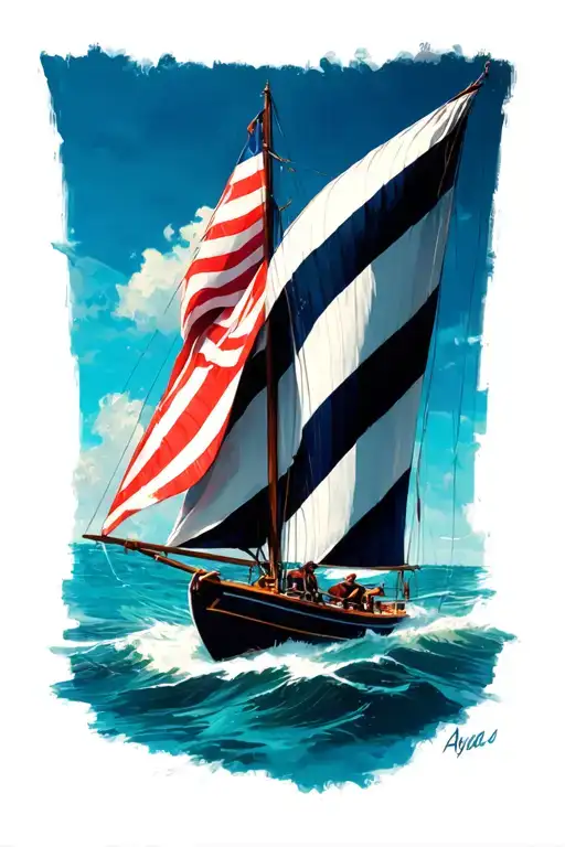 big aqua cat sailboat, big striped flag tattoo design idea