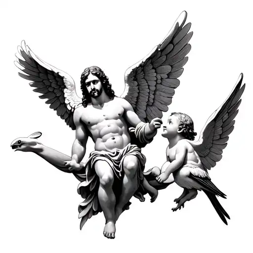 Archangel Michael Jesus baby angel and two birds tattoo design idea