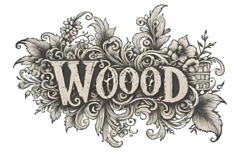 the word "wood" once, with a wood texture design on the inside of the word and flowers growing from the word tattoo design idea