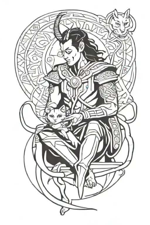 Loki god and cat playing tattoo design idea