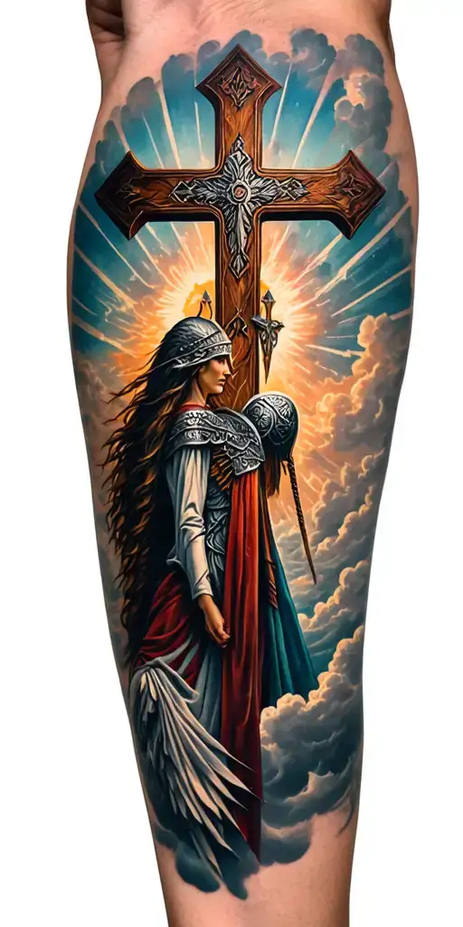 age of discovery, norse Valkyrie, clouds, rays, a cross,  tattoo design idea