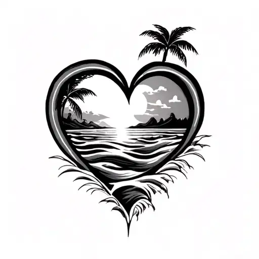 heart shape with palm tree, sun and waves tattoo design idea