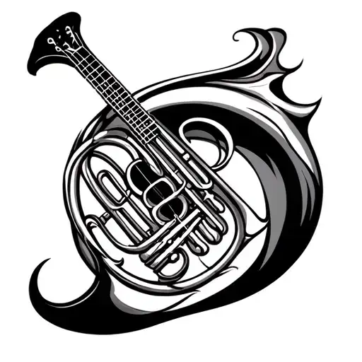 maori tribal tatoo of french horn and classical guitar tattoo design idea