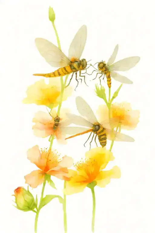 2 poppy flowers with a rose flower and a carnation flower surrounded by a dragonfly, butterfly, and bumble bee tattoo design idea
