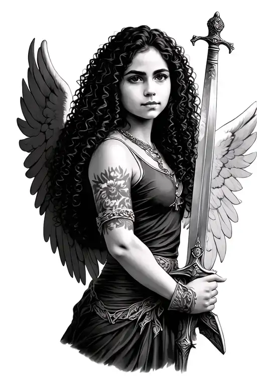 guardian angel curly hair Latina girl with sword tattoo design idea