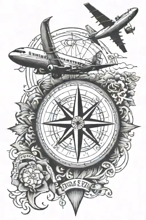 travel inspired tattoo featuring compass, plane, globe tattoo design idea