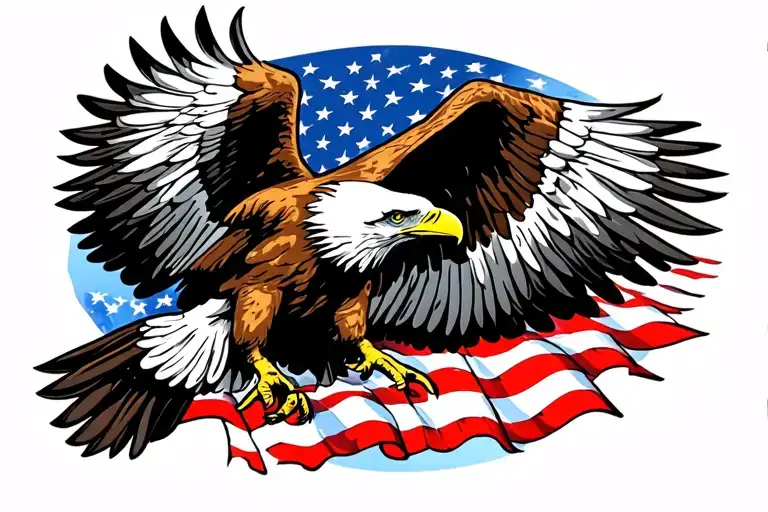 Bald Eagle coming in for a landing with wings spread. The feathers on the wings are the colors of the american flag. tattoo design idea