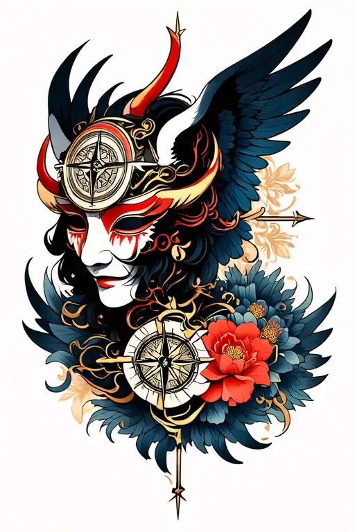angel,compass, japanese oni mask tattoo design idea